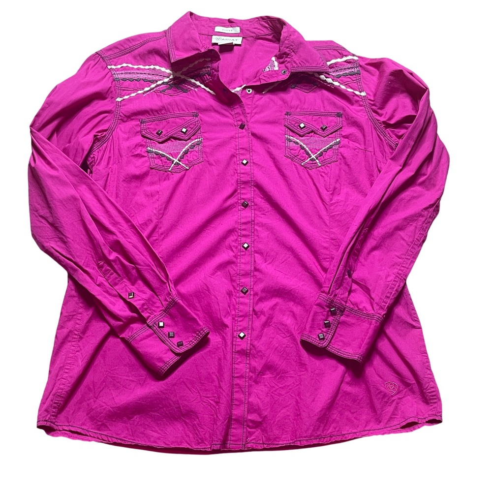 Ariat Womens XL Western Shirt Fitted Pink Long Sleeve Embellished Snap Up
